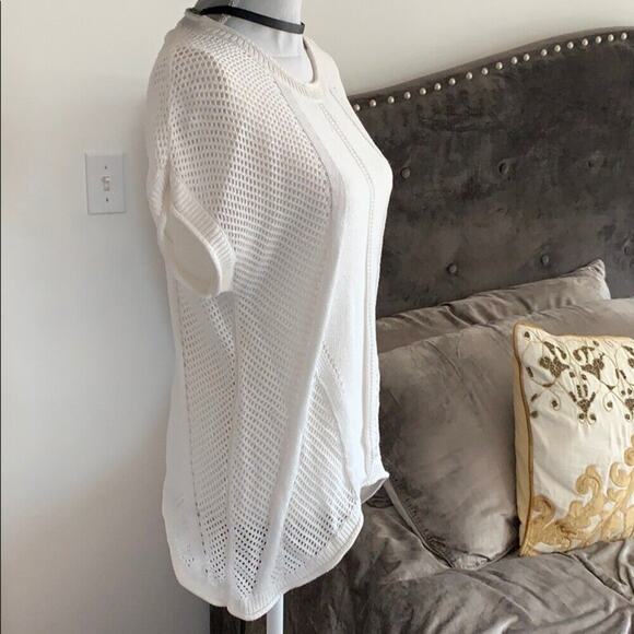 White Ivory Knit Asymmetrical Round Neck Short Sleeve Sweater S - Picture 4 of 6